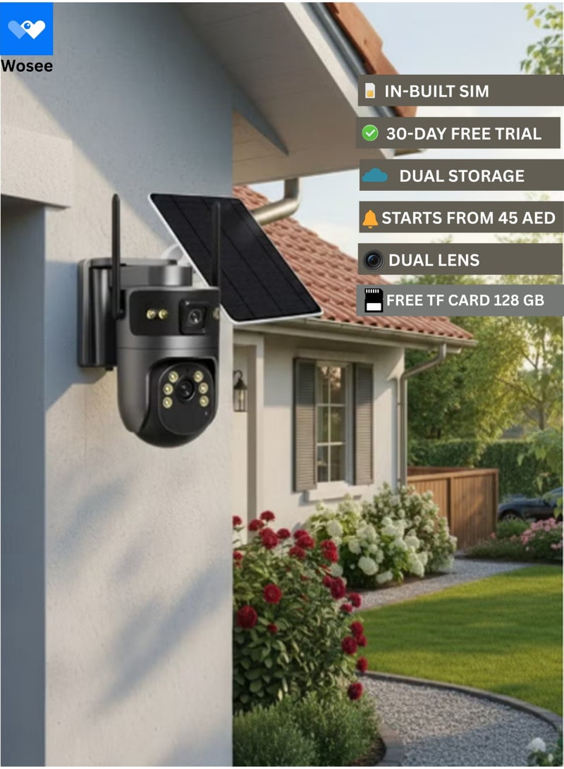 wosee 8MP 4G LTE Solar Security Camera Outdoor, Dual Lens 2K Dual View, 360° PTZ, AOV 24/7 Recording, AI Human Tracking, PIR Motion Detection, Color Night Vision, 2-Way Audio, IP66, In-Build SIM, Trial Data and TF Card Included - Image 1